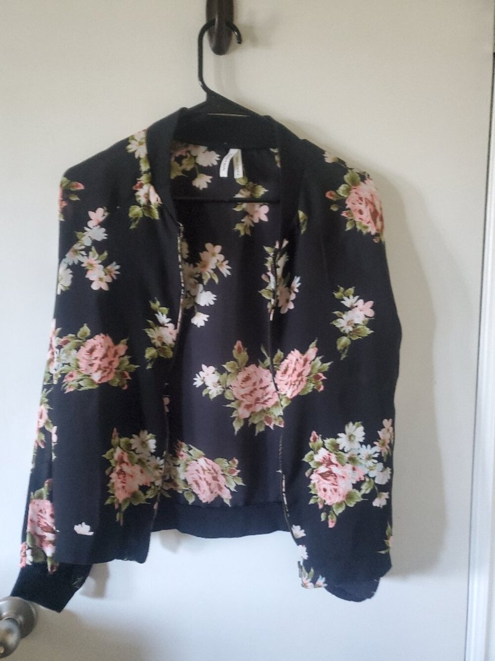 Black and pink floral chiffon bomber